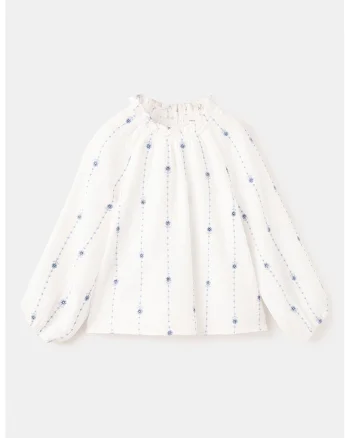Bluza cu broderie florala, Albastru pastel/Alb murdar