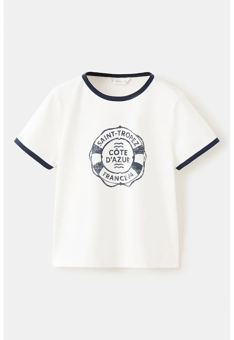 Tricou cu decolteu la baza gatului si imprimeu grafic, Negru stins/Alb murdar