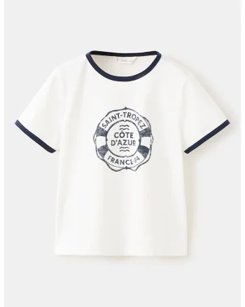 Tricou cu decolteu la baza gatului si imprimeu grafic, Negru stins/Alb murdar