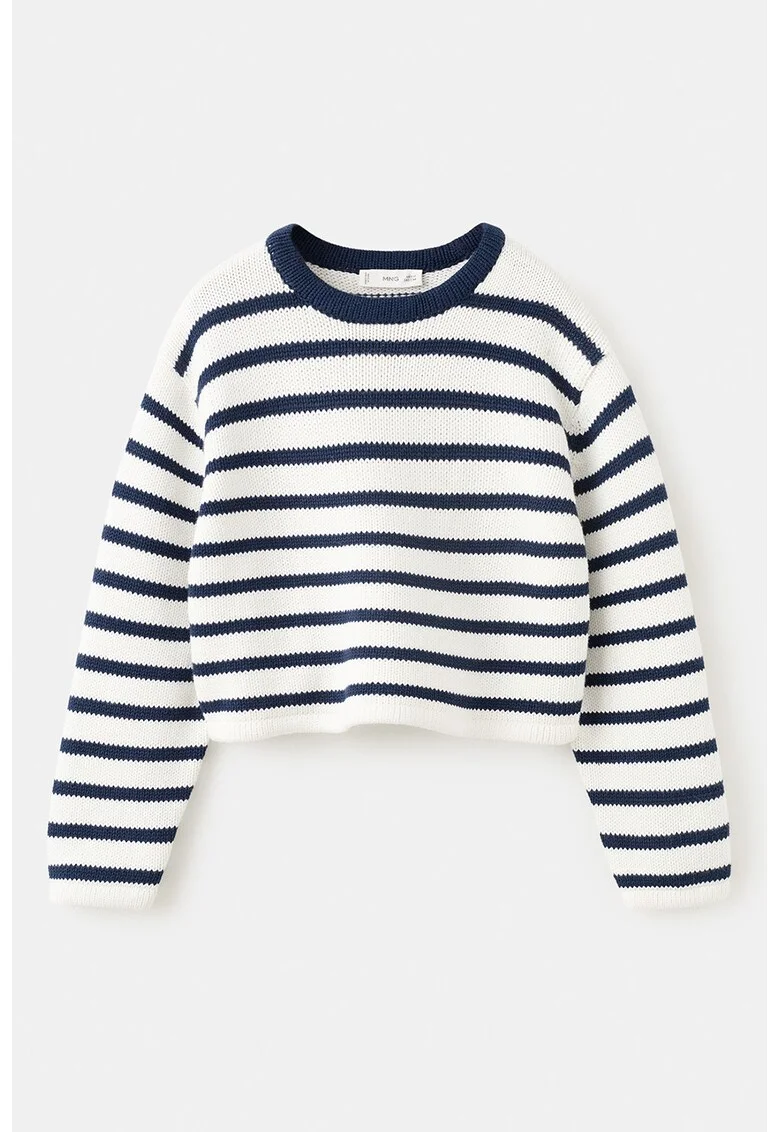 Pulover crop tricotat cu dungi, Alb murdar/Bleumarin