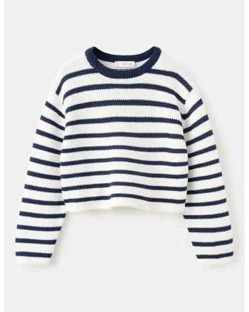 Pulover crop tricotat cu dungi, Alb murdar/Bleumarin