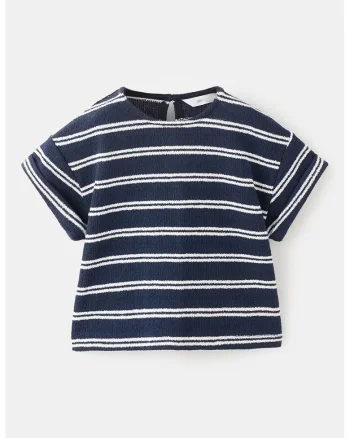 Tricou regular fit cu dungi, Alb murdar/Bleumarin
