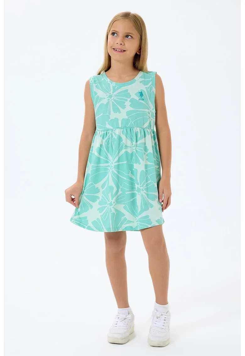 Rochie evazata fara maneci cu model floral, Turcoaz/Alb murdar