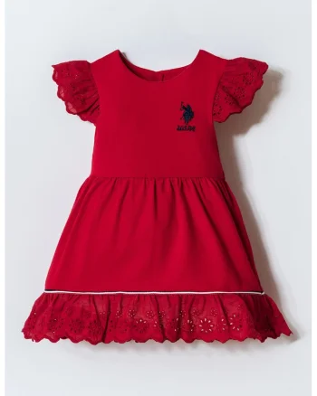 Rochie evazata din amestec de bumbac cu logo, Rosu inchis