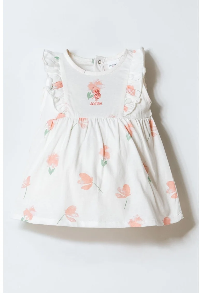 Rochie evazata cu imprimeu floral, Alb/Portocaliu pal/Verde aquamarin