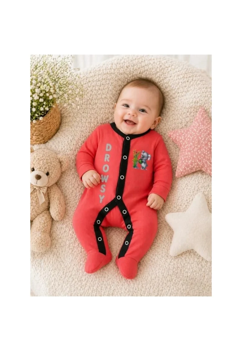 Salopeta corai din bumbac pentru bebelusi cu botosei, Koala, Roz
