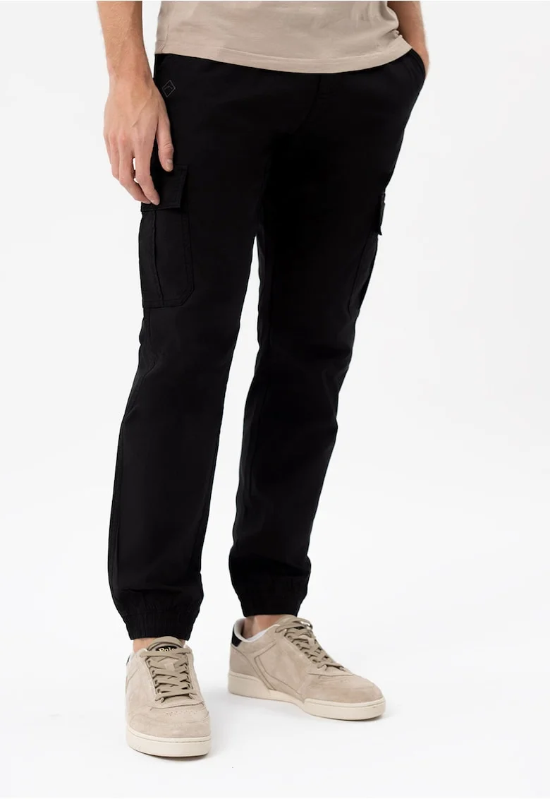 Pantaloni cargo conici din bumbac cu cordon in talie, buzunare laterale, cu clapa, regular fit,  R-Forn, negru, Negru