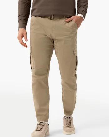 Pantaloni cargo conici din bumbac cu cordon in talie, buzunare laterale cu clapa, regular fit,  R-Forn, bej, Bej