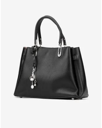 Geanta dama din piele texturata neagra cu ornament