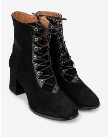 Botine dama din piele intoarsa neagra cu toc