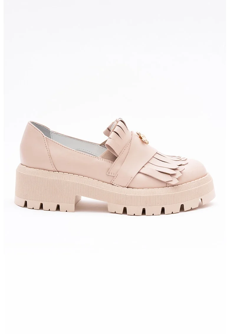 Pantofi loafer din piele cu toc si franjuri, Bej deschis