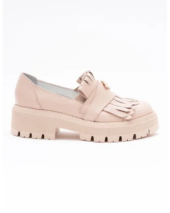 Pantofi loafer din piele cu toc si franjuri, Bej deschis