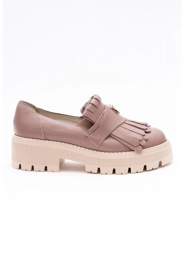 Pantofi loafer din piele cu toc si franjuri, Roz prafuit