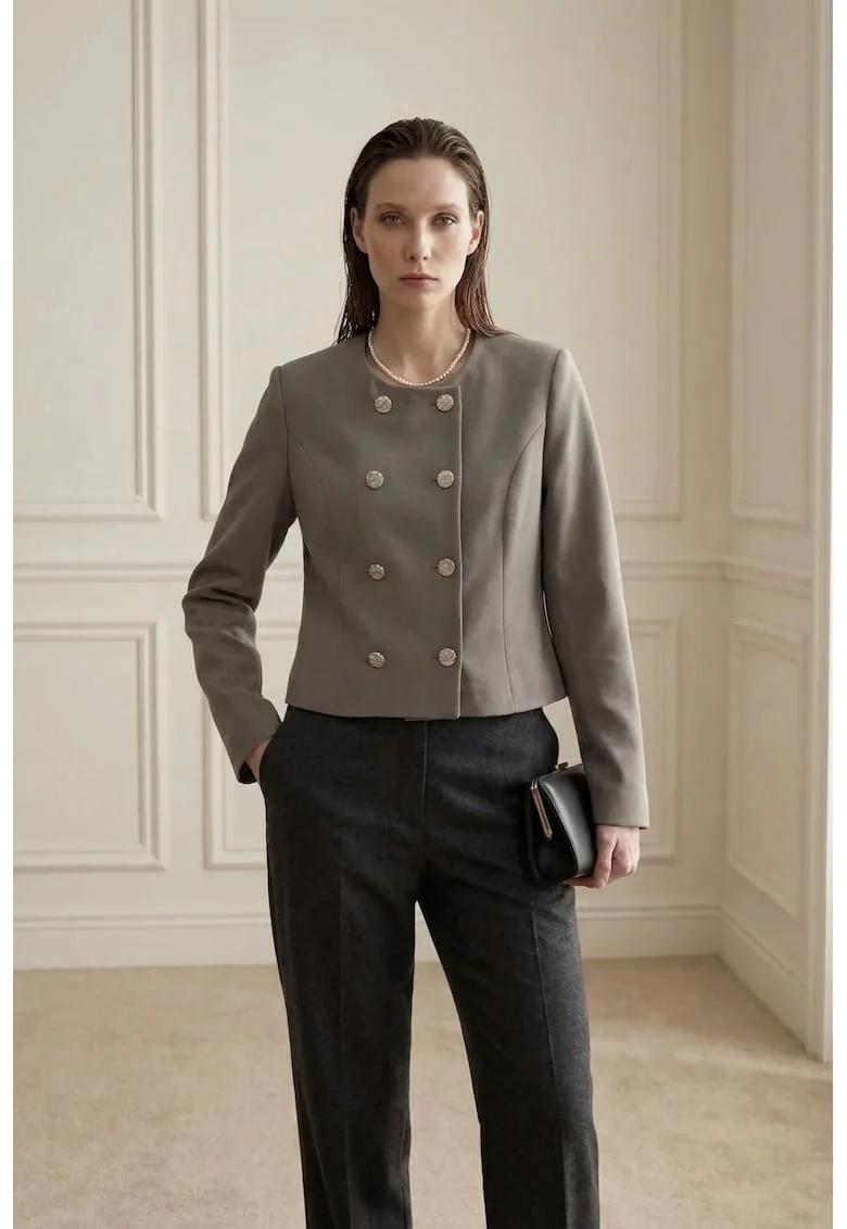 Jacheta dama,  jacheta scurta din tweed, cambrata, verde kaki, cu nasturi, maneca lunga