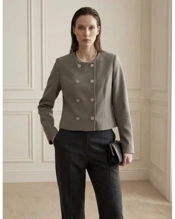 Jacheta dama,  jacheta scurta din tweed, cambrata, verde kaki, cu nasturi, maneca lunga