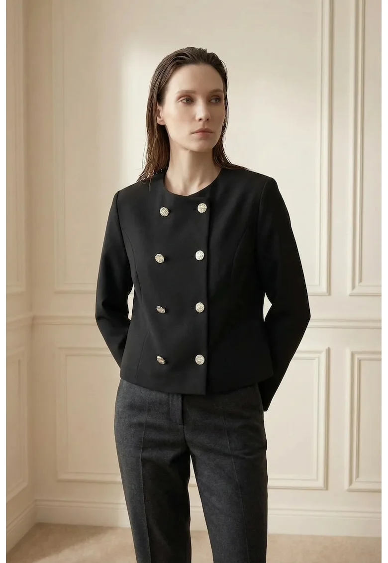 Jacheta scurta,  tweed, croiala cambrata, negru, cu nasturi
