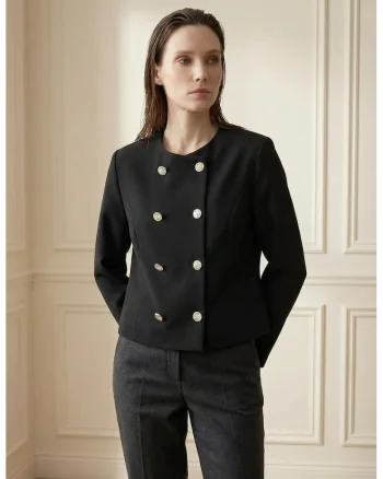 Jacheta scurta,  tweed, croiala cambrata, negru, cu nasturi
