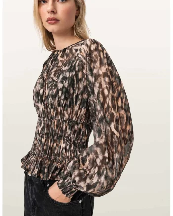 Bluza din amestec de matase cu insertie elastica si maneci bufante, Negru/Maro