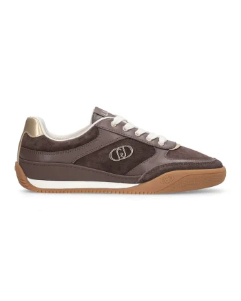 Pantofi sport din piele intoarsa cu talpa plata si insertii din piele ecologica, Caramel/Alb murdar/Maro pamantiu