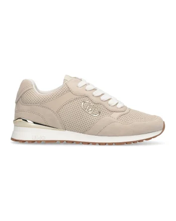 Pantofi sport cu aspect cu perforatii si garnituri din piele intoarsa, Maro nisip