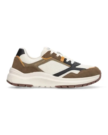 Pantofi sport din piele intoarsa cu garnituri din material textil, Alb fildes/Maro pamantiu