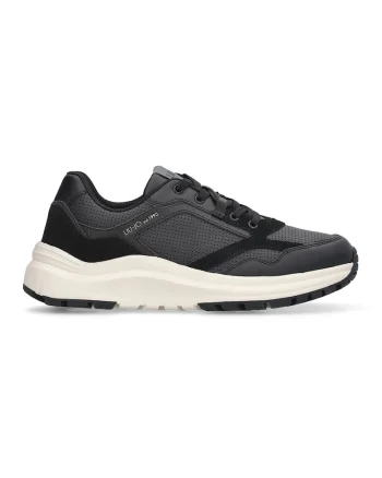 Pantofi sport din piele si piele intoarsa cu imprimeu logo, Negru/Gri antracit