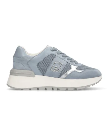 Pantofi sport cu talpa wedge si aplicatie logo, Albastru prafuit/Argintiu