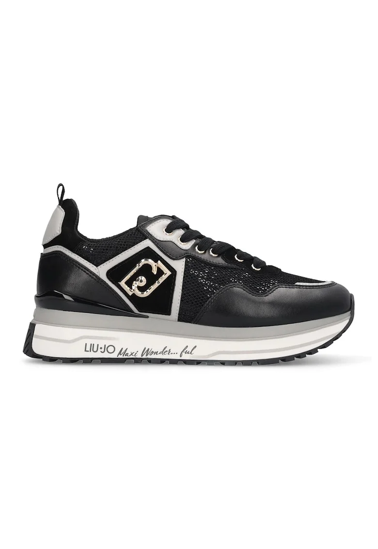 Pantofi sport din plasa cu garnituri din piele si logo lateral, Negru