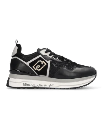 Pantofi sport din plasa cu garnituri din piele si logo lateral, Negru