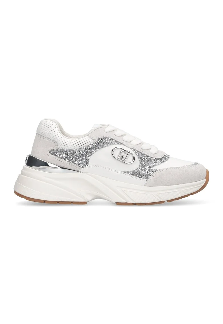 Pantofi sport cu talpa demi-wedge si garnituri din piele intoarsa, Alb/Argintiu