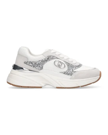 Pantofi sport cu talpa demi-wedge si garnituri din piele intoarsa, Alb/Argintiu