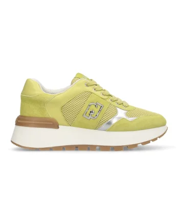 Pantofi sport cu talpa wedge si aplicatie logo, Galben sofran/Argintiu
