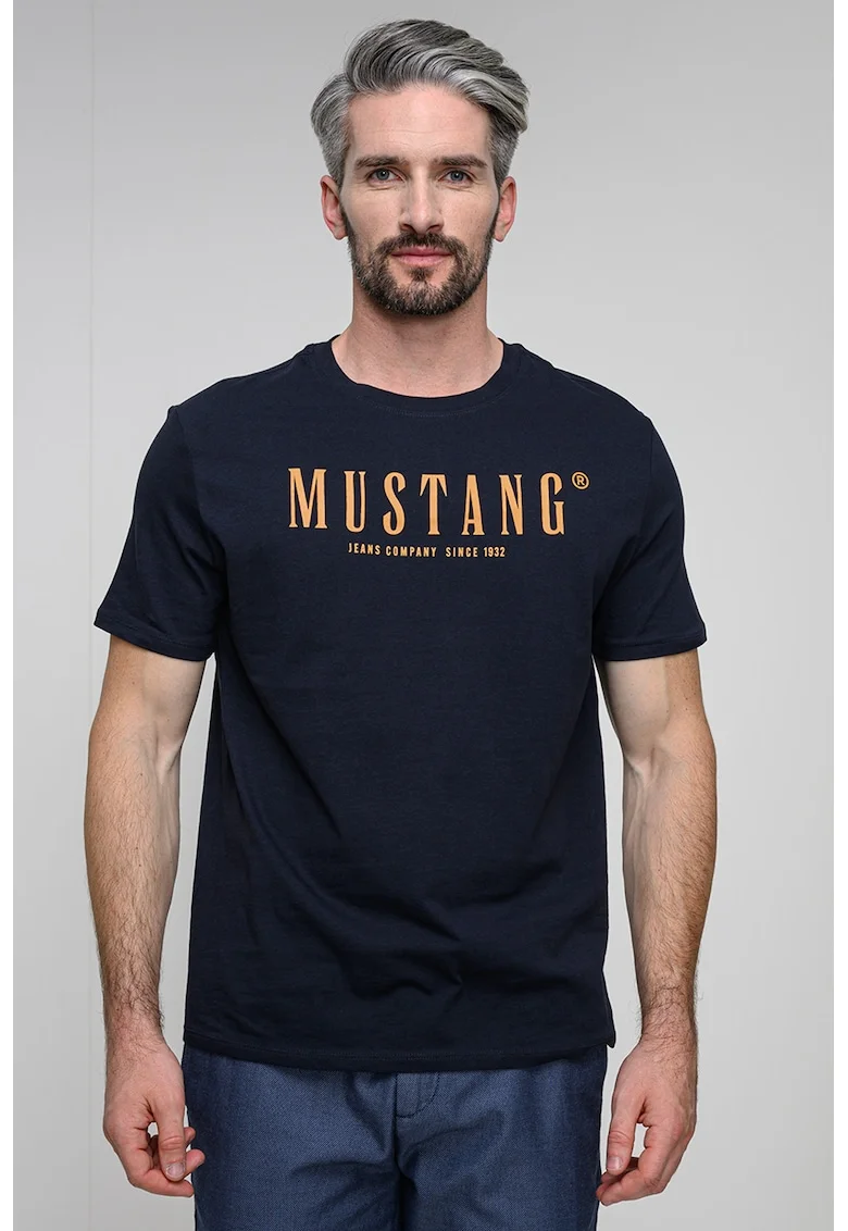 Tricou cu decolteu la baza gatului si imprimeu logo, Bleumarin