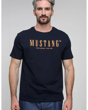 Tricou cu decolteu la baza gatului si imprimeu logo, Bleumarin