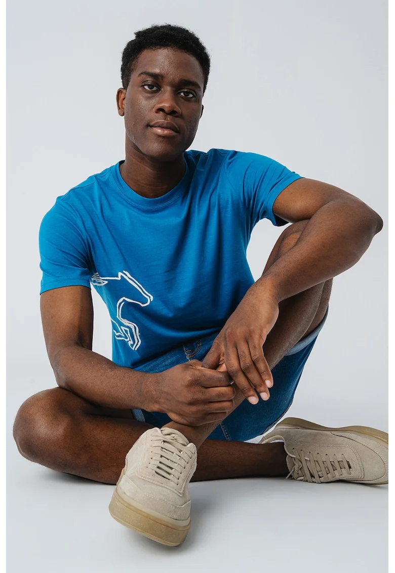 Tricou cu decolteu la baza gatului si imprimeu grafic Austin, Albastru azur