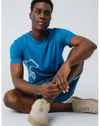 Tricou cu decolteu la baza gatului si imprimeu grafic Austin, Albastru azur