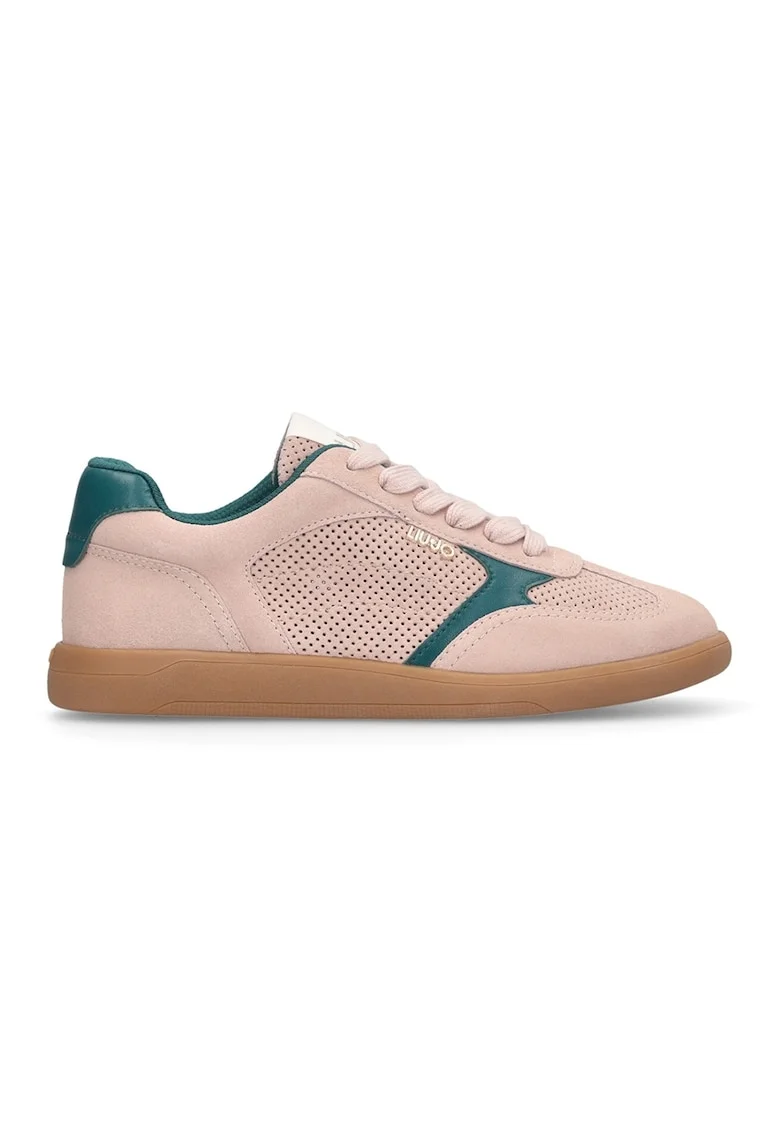 Pantofi sport de piele intoarsa si model perforat, Verde englez/Caramel/Roz prafuit