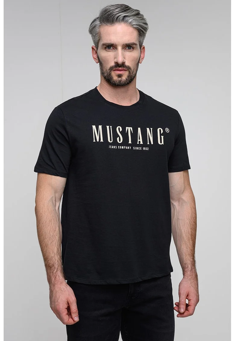 Tricou cu decolteu la baza gatului si imprimeu logo, Alb/Negru stins