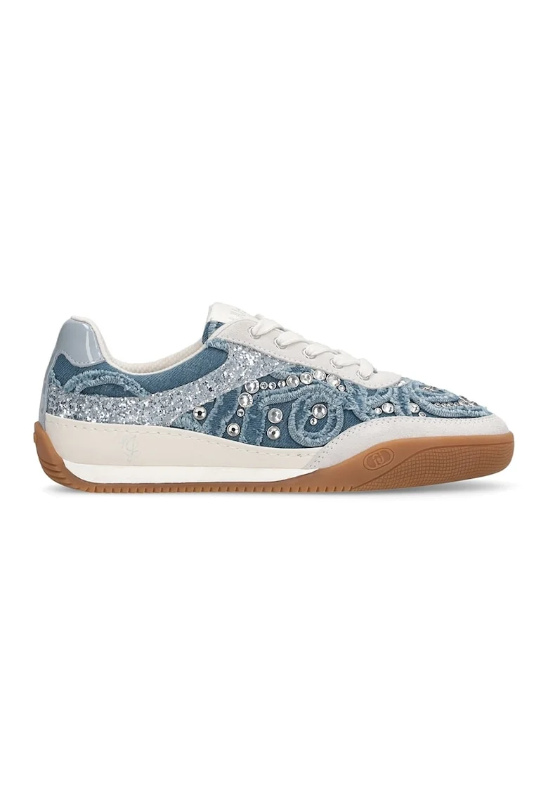 Pantofi sport de denim cu garnituri de piele si cristale, Albastru inchis/Caramel/Alb murdar