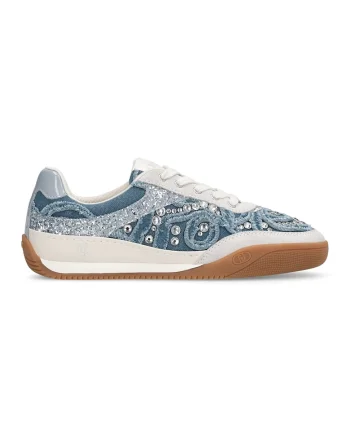 Pantofi sport de denim cu garnituri de piele si cristale, Albastru inchis/Caramel/Alb murdar
