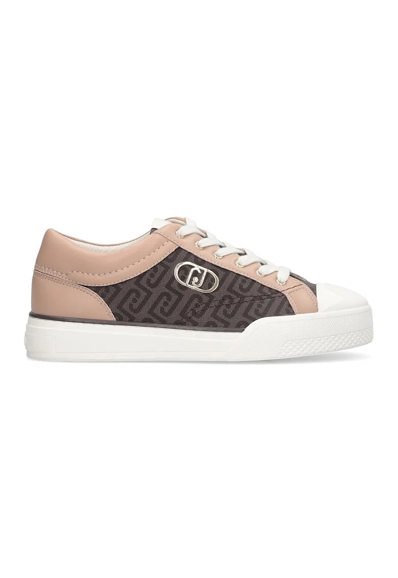 Pantofi sport de piele ecologica cu model monograma, Bej inchis/Alb murdar/Roz prafuit