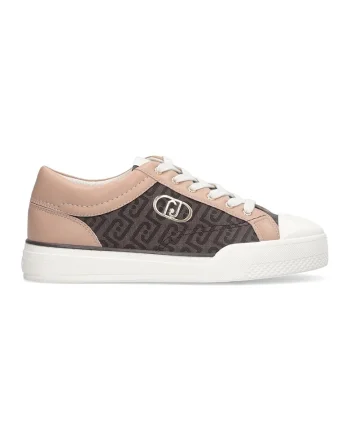 Pantofi sport de piele ecologica cu model monograma, Bej inchis/Alb murdar/Roz prafuit