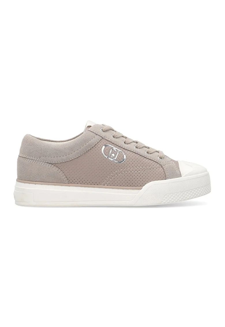 Pantofi sport din piele intoarsa si piele ecologica cu logo metalic, Maro taupe deschis/Alb murdar