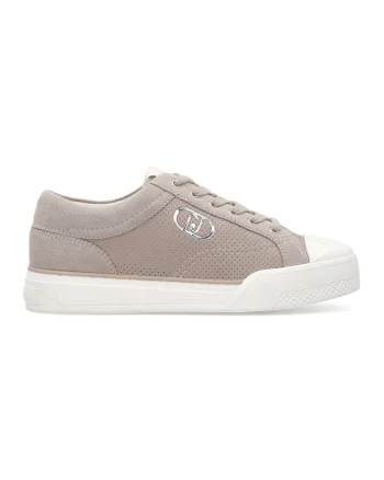 Pantofi sport din piele intoarsa si piele ecologica cu logo metalic, Maro taupe deschis/Alb murdar