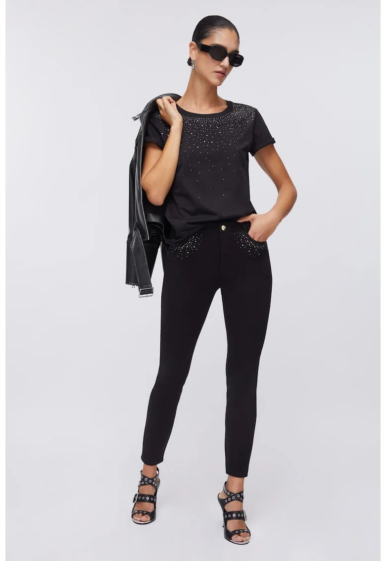 Blugi skinny cu aplicatii cu strasuri, Negru, XS, Negru