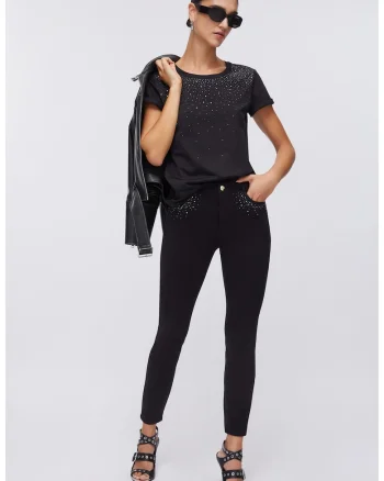 Blugi skinny cu aplicatii cu strasuri, Negru, XS, Negru