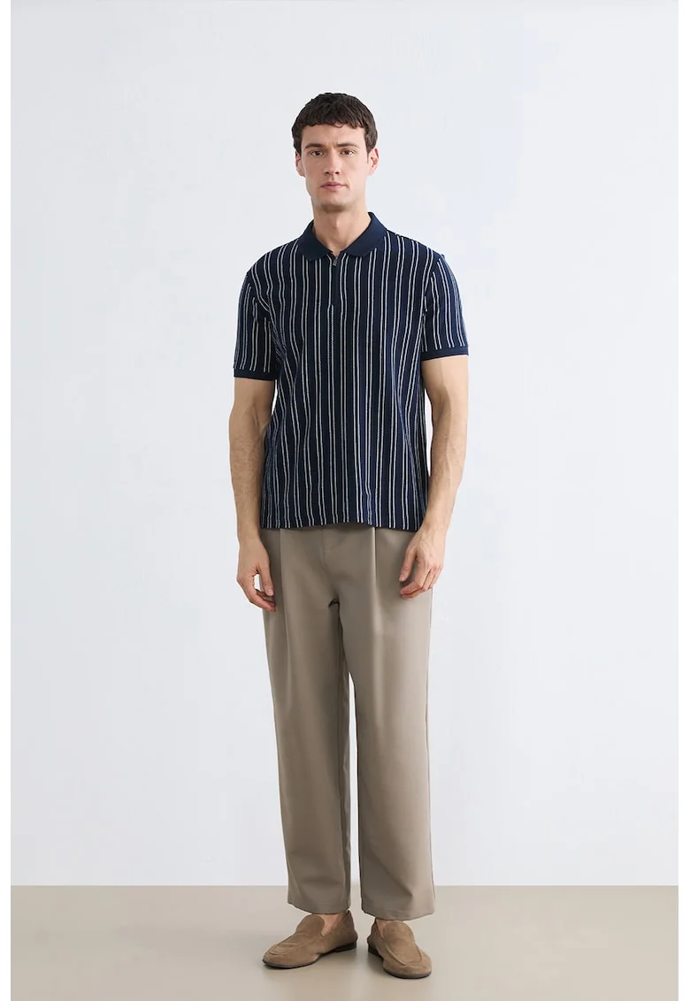 Tricou polo cu croiala slim-fit si dungi, Alb/Albastru ultramarin