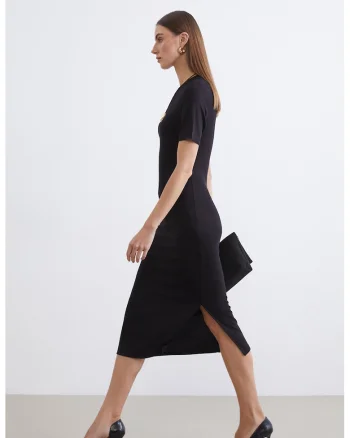 Rochie midi cu croiala cambrata si slit lateral, Negru