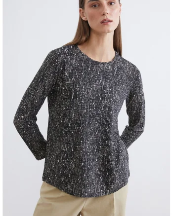 Bluza cu decolteu rotund si model, Gri antracit/Bej deschis