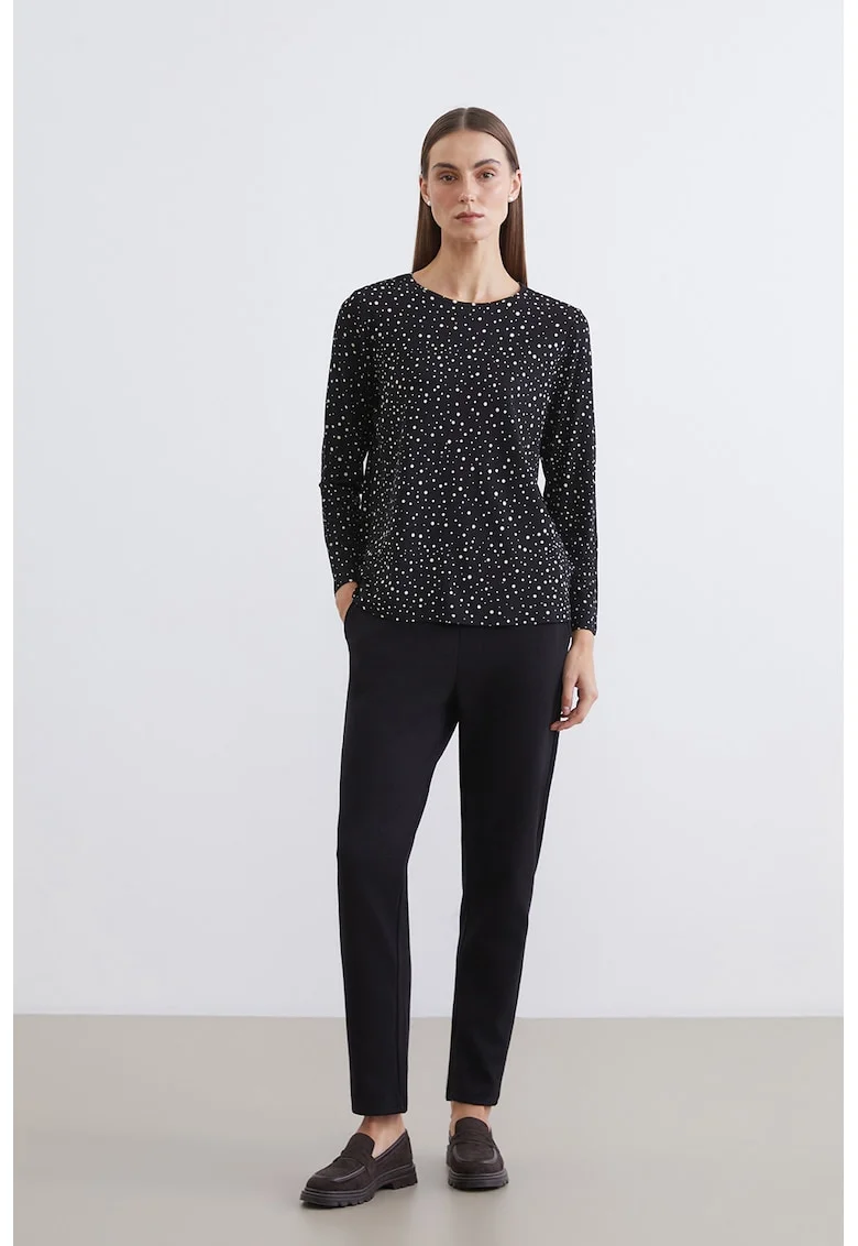 Bluza cu decolteu rotund si model, Negru/Bej deschis